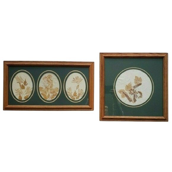 Pair Vtg Oak Framed Pressed Dried Flower Art / Mid Century Botanical Wall Decor - Picture 1 of 5